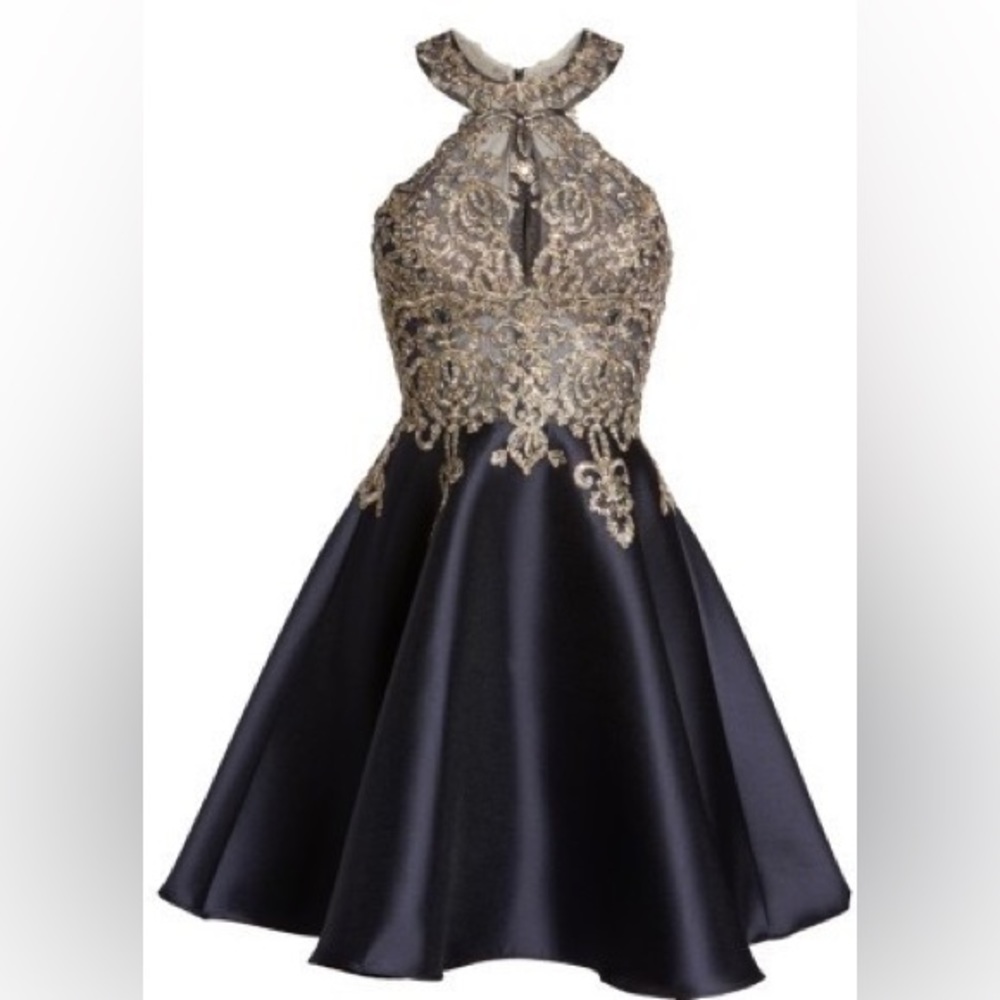 Navy blue and gold XSCAPE homecoming mini dress